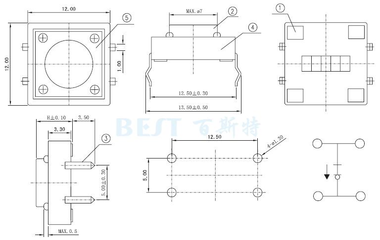 輕觸開關TS-1103封裝規格圖紙 輕觸開關TS-1103封裝規格圖紙