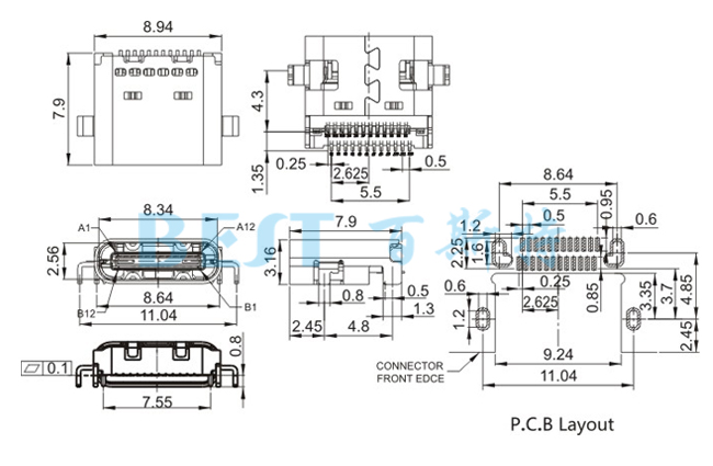 USB插座USB-C-09 24PIN沉板參考圖紙 USB插座USB-C-09 24PIN沉板參考圖紙